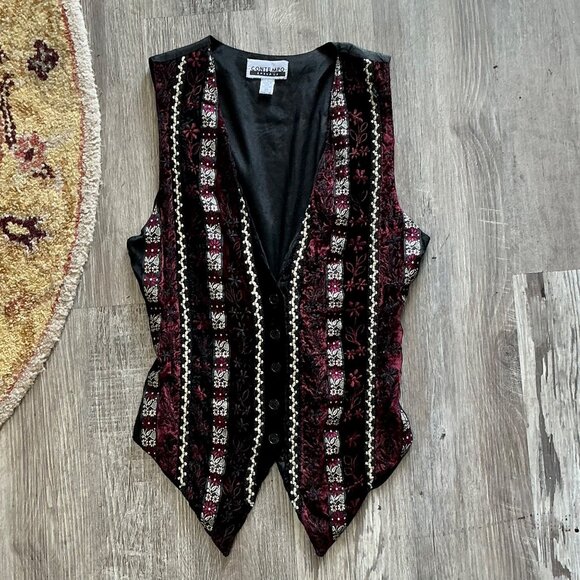 SOLD Vintage 1990s Velvet + Metallic Patterned Whimsigoth Tie Back Vest - Picture 10 of 13